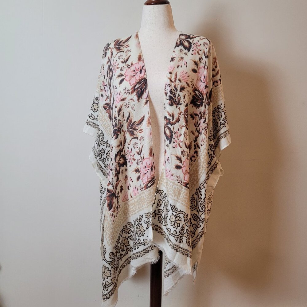 Nine West shawl women's OS wrap vest Ivory pink Floral Rayon fringe Spring beach